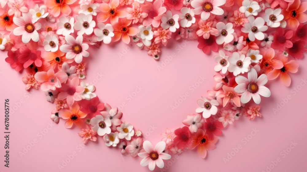 Heart-shaped frame with flowers, branches, leaves, and petals as a background. There is space to add letters for Valentine's Day.