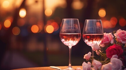 Two elegant wine glasses and rose heart background valentine's day holiday background