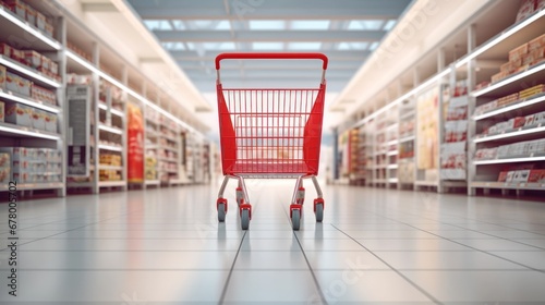 Supermarket aisle with empty shopping carts photo