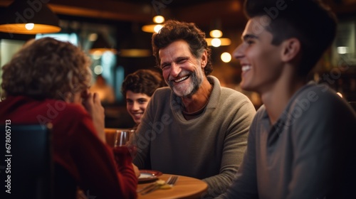 Happy extended family having fun while toasting during lunch at dining table.