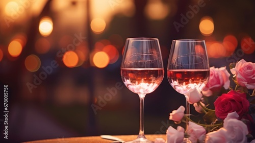 Fototapeta Naklejka Na Ścianę i Meble -  Two elegant wine glasses and rose heart background valentine's day holiday background
