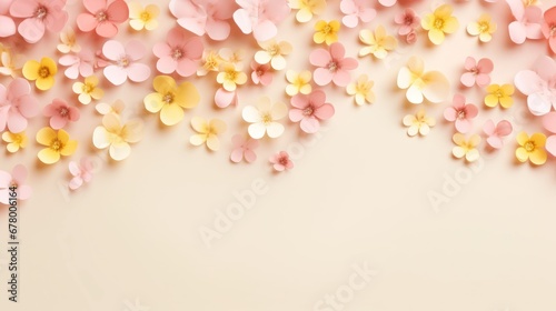 Valentine's Day, creative pattern with flowers, paper hearts, overlaid pastel background. Flat top view, spring summer concept.