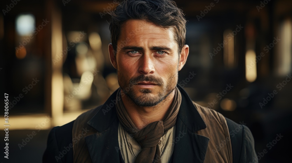 handsome guy wearing a vest - set in a western movie - obrazy, fototapety, plakaty 