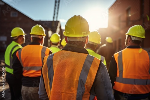 Rear view of a group of construction workers wearing safety vests and safety helmets ready to start work photo