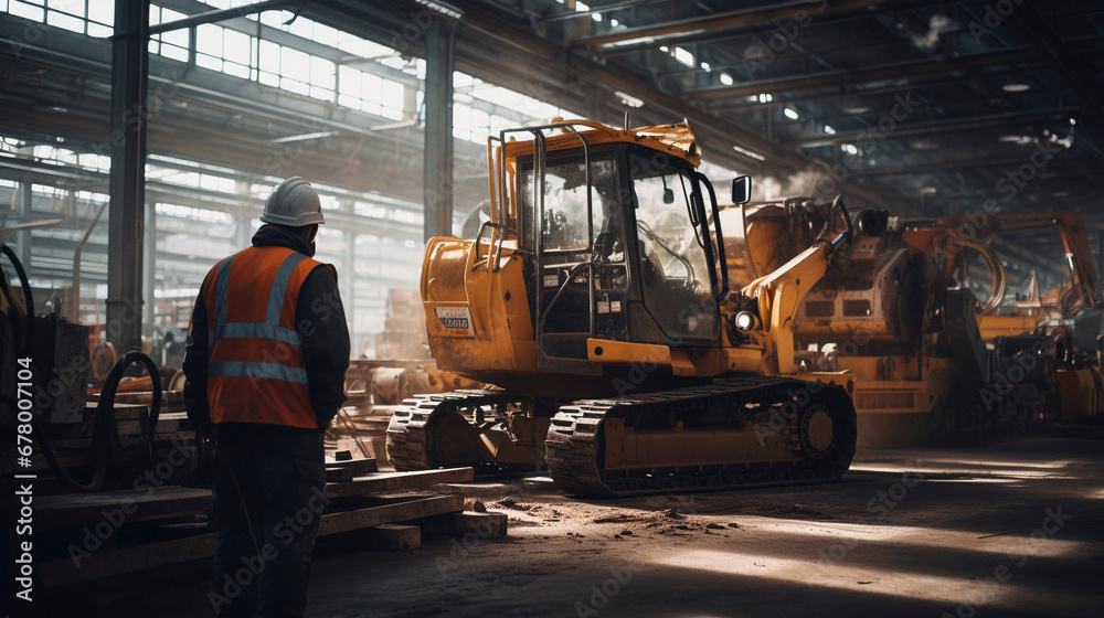 Machinery Watch: Engineer in Safety Gear Evaluating Construction Equipment, Generative AI