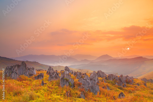 Mount Gongenyama , morning sun  and limestone of karst plateau , Japan,Mine, Yamaguchi,Yamaguchi Prefecture November 2013 photo