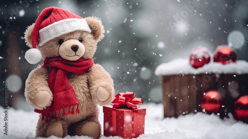 Cute Teddy Bear in Christmas Costume with Presents