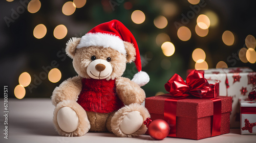Cute Teddy Bear in Christmas Costume with Presents