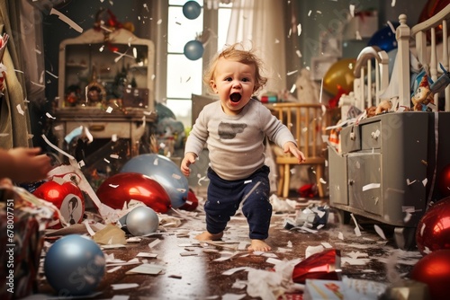 a playful cheerful hyperactive cute white toddler boy or girl misbehaving and making a huge mess in a living-room with christmas tree, decoration, gifts and ornaments, throwing around things photo