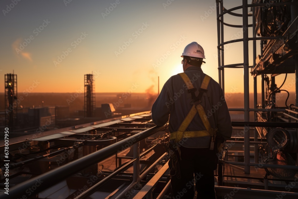 Rear view of a technician on a high steel platform at sunrise Rear view of a technician on a high steel platform at sunrise