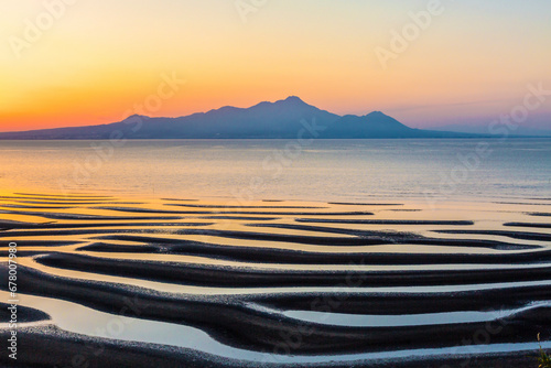 Sand pattern, sea, setting sun, and Mt. , Japan,Kumamoto prefecture,Uto-shi,Toguchi Town March 2017