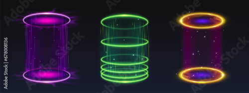 Magic sparkling light portals set isolated on black background. Vector realistic illustration of neon purple, yellow, green hologram teleports, space game ui design elements, sparkles and mist effect