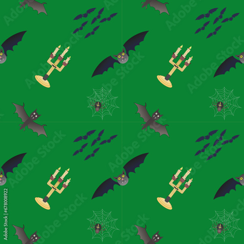 Bats, candelabra and spider in web on emerald background, Halloween. Vector color pattern
