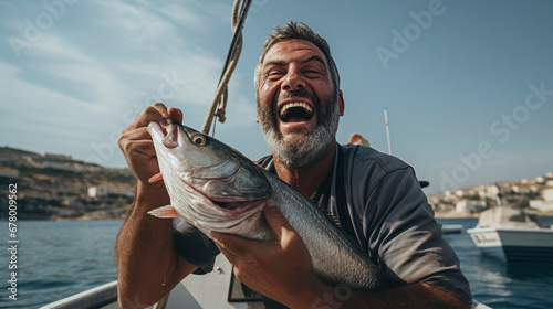 Joyful Reel: Smiling Fishermen Proudly Displaying their Catch, Generative AI