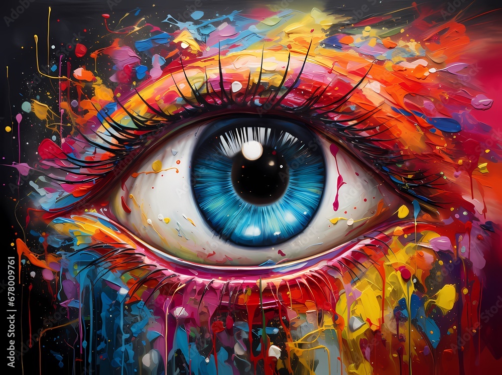 Abstract art of a detailed eye with a colorful iris and dynamic splashes of paint, symbolizing vision and creativity.
