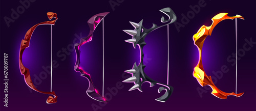 Ancient bows set isolated on black background. Vector cartoon illustration of magic weapons wooden, golden, iron spike handle, prehistoric or medieval crossbows, war archery, hunting tools, game props
