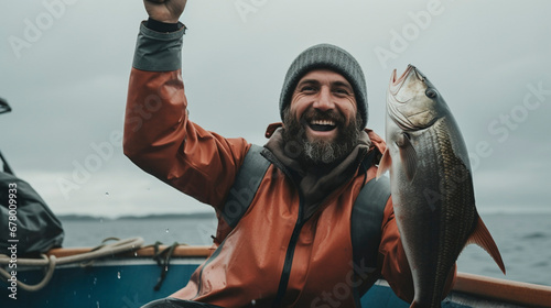 Cheers to Success: Delighted Fishermen and their Big Catch, Generative AI photo