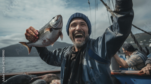 Catching Happiness: Grinning Fishermen with their Triumph, Generative AI photo