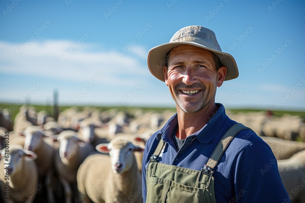 Male farmer smiling on sheep farm under hot sunlight