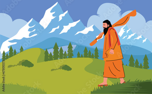 sadhu , sanyasi walking to himalaya mountain vector