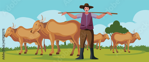 cowboy standing with the cows vector
