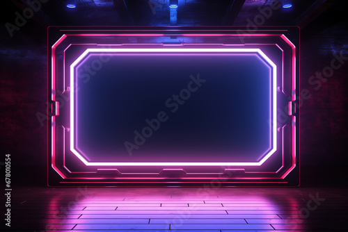 Glowing futuristic neon frame with empty space for text or advertising on the floor