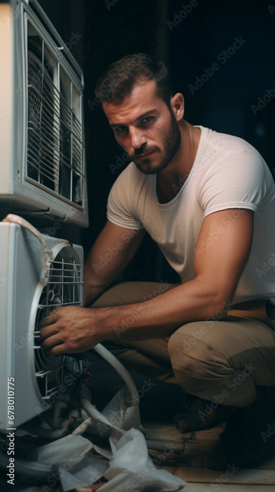 HVAC Repair Response: Repairman at Work on Cooling Unit, Generative AI HVAC Repair Response: Repairman at Work on Cooling Unit, Generative AI