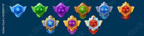 Medal and emblem with star, ribbon and wings for game interface level rank design. Cartoon vector illustration set of various colorful hexagon gui medieval award labels and trophy for achievement. photo
