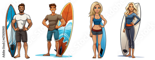 A male, female surfers cartoon clip art in transparent background cutout - Generative AI	