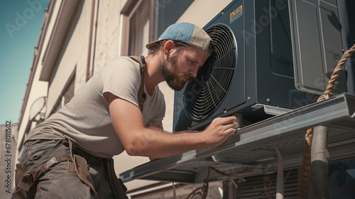 HVAC Repair Response: Repairman at Work on Cooling Unit, Generative AI