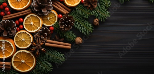 Christmas composition flatlay. decorative border. Festive background. Christmas New Year Celebration on a dark background. 