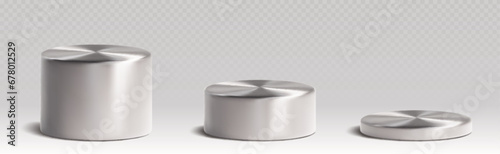 Silver metallic cylinder product podiums of different height. Realistic 3D vector illustration set of grey metal round stands for goods displaying. Geometric pillar platform mockup for awarding winner