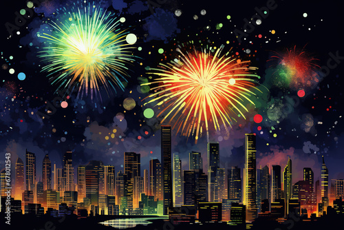 Cityscape with fireworks in the background of the night. Vector illustration. 
