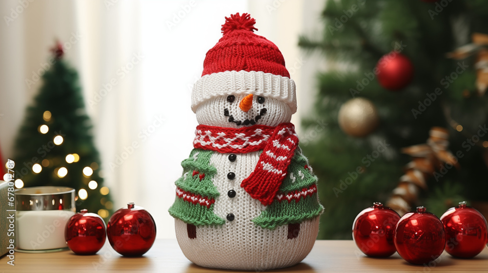 Christmas Knitted Toy Snowman with Christmas Tree