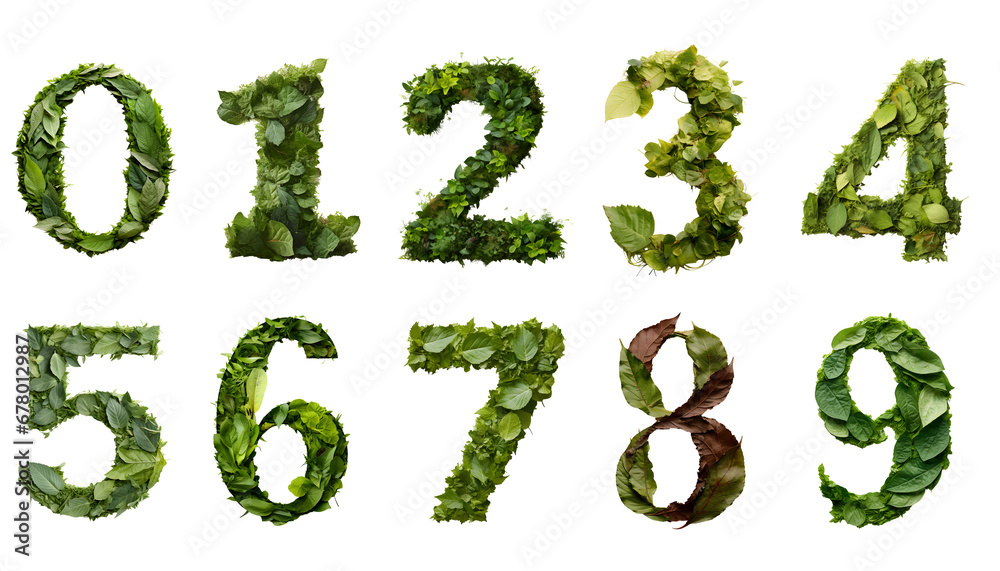 Leafy green numbers from zero to nine on a transparent background. 0-9