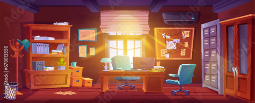 Messy detective office interior. Vector cartoon illustration of police station room, paper scattered on floor, computer on wooden desk, bookcases with case folders, evidence board, sunlight in window