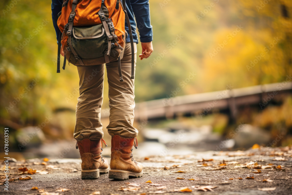 Hiking through the dense woods, a young woman's footwear takes center stage, showcasing the importance of reliable boots for outdoor adventures. Hiking through the dense woods, a young woman's footwear takes center stage, showcasing the importance of reliable boots for outdoor adventures.