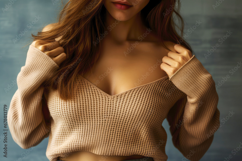 With a hint of seduction, a fashionable woman unveils her allure, gracefully undressing With a hint of seduction, a fashionable woman unveils her allure, gracefully undressing