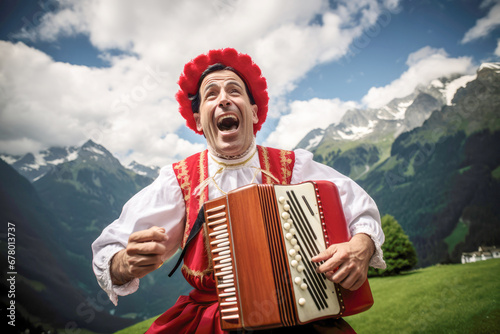 yodeler and accordionist in traditional Swiss costume, portraying the cultural richness and artistic expression of the alpine region. photo