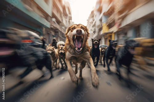 A pack of dogs exhibiting intimidating behavior, growling and snarling, creating a threatening atmosphere.