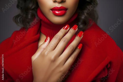 A close-up of meticulously manicured nails in a vibrant red shade, complementing a stylish and glamorous look.