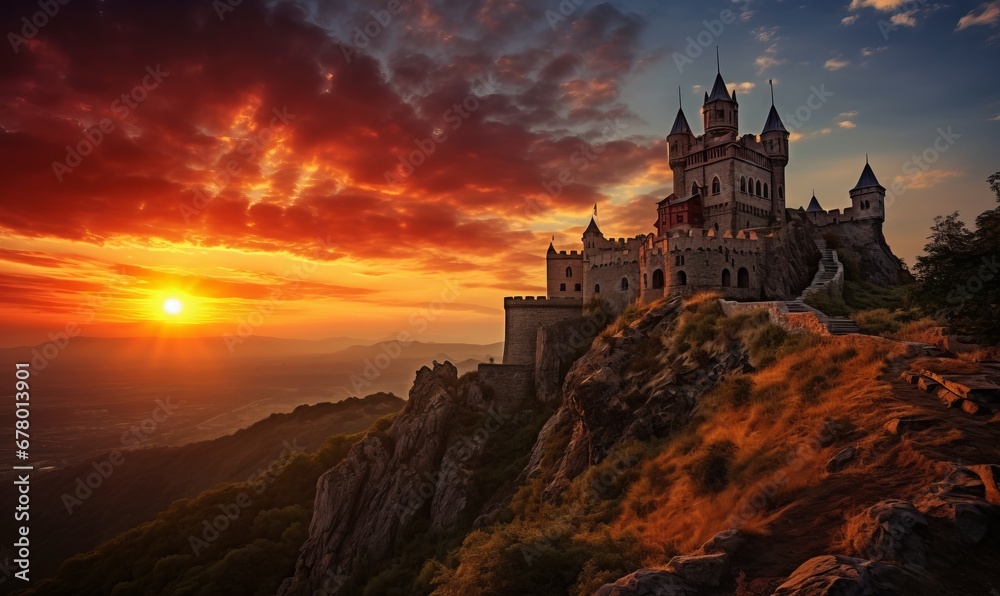  a majestic castle perched on a rugged cliff at sunset. The sky is a dramatic canvas of red and orange hues, casting a warm glow on the castle's multiple towers and battlements