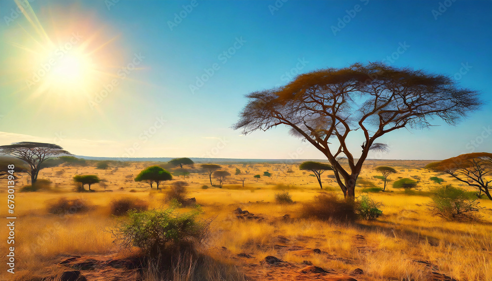 An expansive savannah under the African sun, with acacia trees, roaming wildlife, and a clear blue sky capturing the essence of a hot and dry landscape.