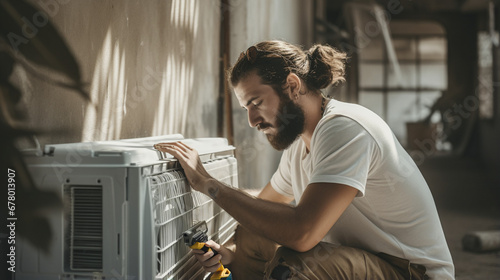 Cooling System Tune-Up: Technician Working on HVAC Unit, Generative AI photo
