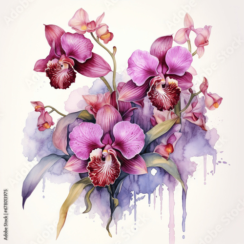 Orchid on white background.Purple orchids painted with watercolors