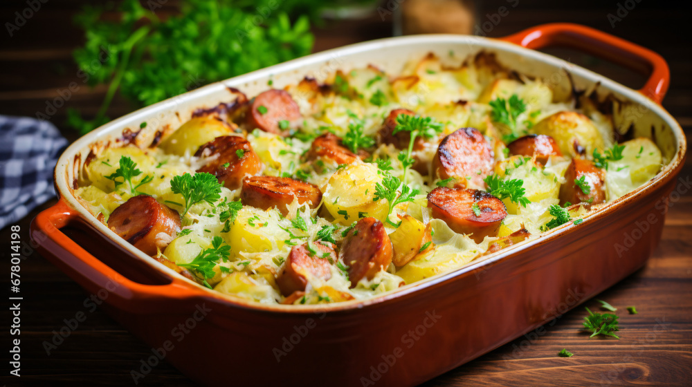 Sauerkraut and potato bake with sausages