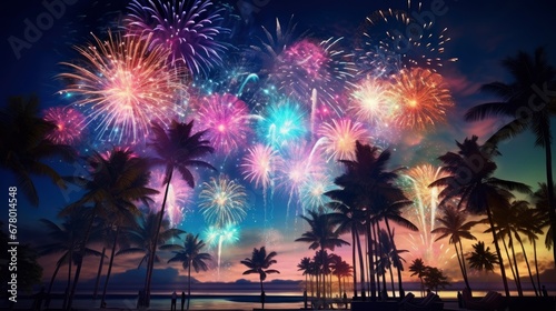  Bright colorful fireworks, lots of salutes in the beautiful night sky during New Year celebration in a warm southern resort with palm trees