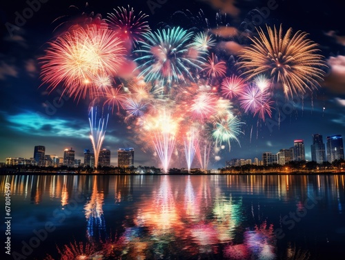 Bright colorful fireworks, lots of salutes in the beautiful night sky during New Year celebration in Miami