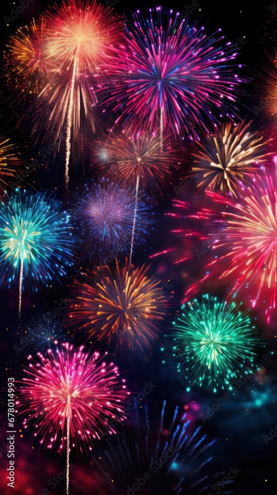 Bright fireworks with bokeh background, lots of salutes in the beautiful night sky New Year celebration, Abstract holiday background