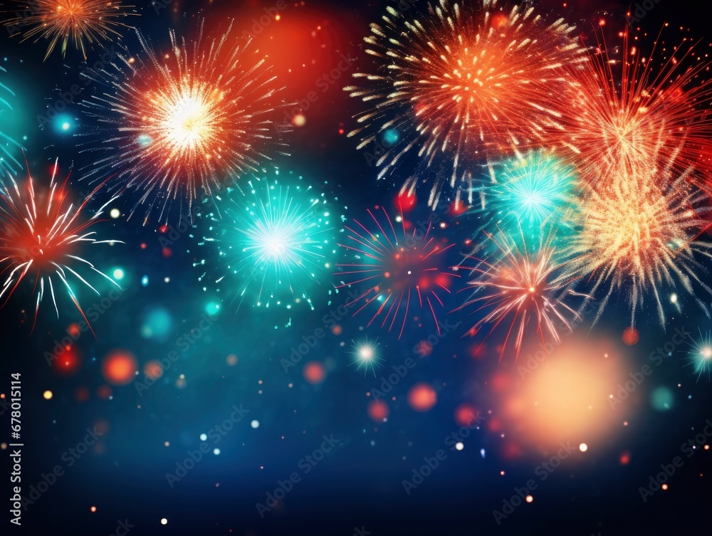 Fototapeta premium Bright colorful fireworks with bokeh background, lots of salutes in the beautiful night sky, New Year celebration, background with space for text